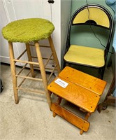 Wooden stool, small folding table, folding chair