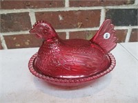 Hen on A Nest Cranberry Glass