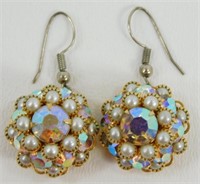 Vintage Aurora Borealis & Pearl Cluster Earrings