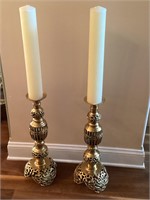 (2) Heavy brass candlestands with candles