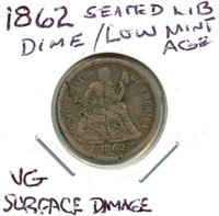 1862 Seated Liberty Dime - VG, Some Surface