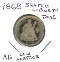 1868 Seated Liberty Dime - AG, Low Mintage