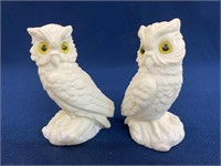 (2) Vintage White Alabaster Horned Owl Figurine