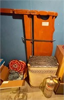 Twin head/footboard, old hamper, fire extinguisher