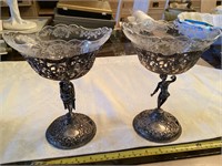 Pair of sterling base etched compotes