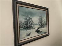 Framed Snow Scene Painting on Canvas