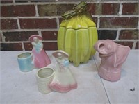 Cookie Jar (chipped) & 3 Planters