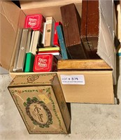 Box of vintage tins and wooden boxes
