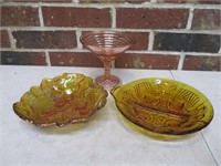 2 Amber Dishes + Pink Gass