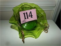 GREEN GLASS RUFFLED BOWL WITH STAND