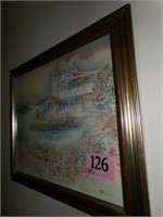 FRAMED PRINT OF HOUSE ON WATER