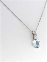 18K White Gold Aquamarine, Diamond Pendant, Chain