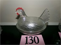 CLEAR GLASS HEN ON NEST WITH RED CONE
