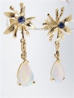 14K Yellow Gold Sapphire, Opal Drop Earrings