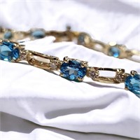 14K Yellow Gold Swiss Blue Topaz, Diamond Bracelet