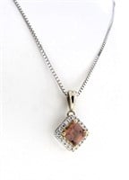 14K WG Orange Sapphire, Diamond Pendant, Chain