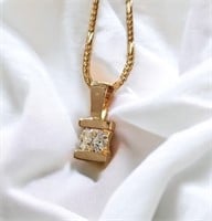 14K Yellow Gold Diamond Solitaire Pendant, Chain