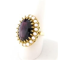 14K Yellow Gold Amethyst and Cultured Pearl Ring