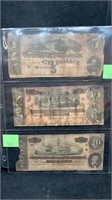 3 Civil War Confederate Notes $5/$10/$20