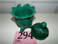 GREEN SLAG GLASS LIDDED FOOTED CANDY DISH