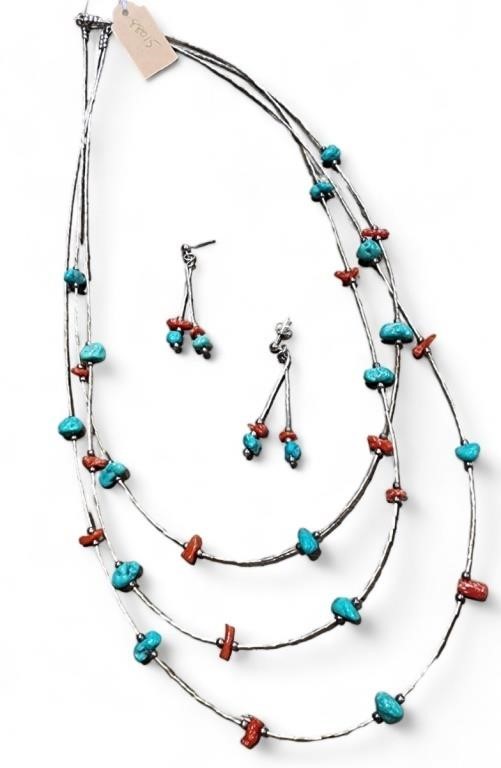 Liquid Silver Turquoise, Coral Necklace, Earrings