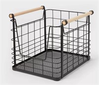 Wire Open Front Basket Black w/ Natural Wood