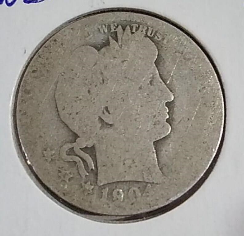 1904 US Barber 90% Silver 25 Cent coin
