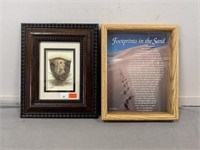 Framed Feather Painting and "Footprints in the