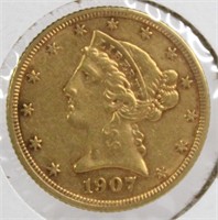 1907-D $5 Gold Coin MS 60