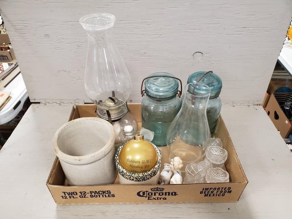 Oil Lamp, Blue Tint Canning Jars, and More