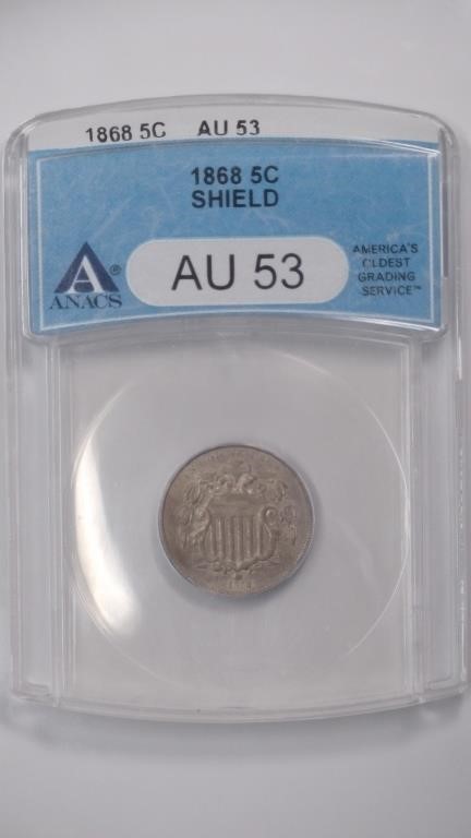 1868 Shield Nickel ANACS AU53