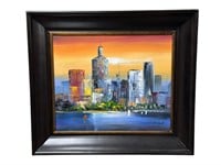 Signed Oil on Canvas City and River Scene