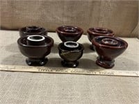 5 large brown ceramic insulators, 1 smaller size