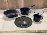 Enamel Spackled Painted Cookware: Lid, Bowls,