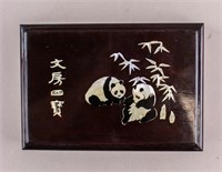 Chinese Wood Carved Panda Box with Brush Kits