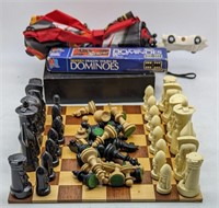 (W) chess set, Dominoes, speed racer umbrella.