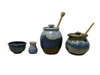 2 Pottery Honey Pots,Small Bowl & Jar