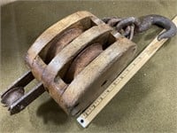 Two metal wheel pulley, wood body