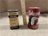 Watkins Sage and Calumet baking powder canisters.