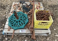 Pallet of Misc. Umbrella Stand, Tire Chains,