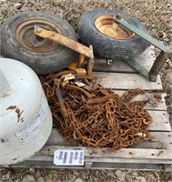 Pallet of misc. tire chains, propane tank and (2)