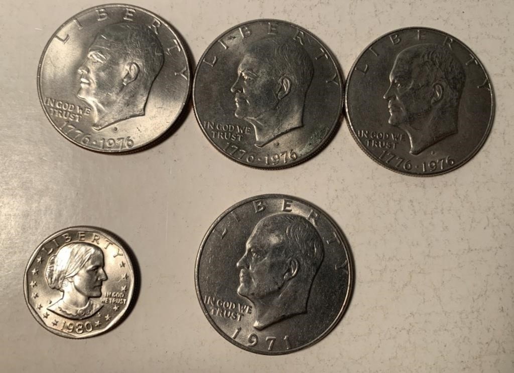 (1) 1980 P (1) 1971 (3) 1776-1976 D Dollar Coins