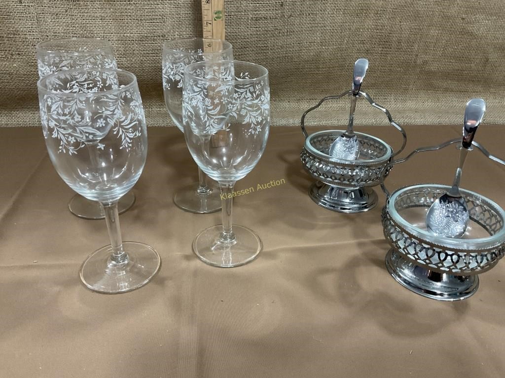 Vintage sugar bowls with spoon 4 glasses
