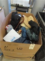 HATS, CLOTHES, WATER BOTTLES, MISC. (BOX 2)