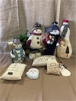 Snowman collection, pillows, wooden plaque,