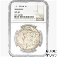 1921 Silver Peace Dollar NGC MS62 HR