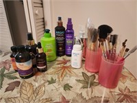 Aromatherapy essential oils, makeup brushes, hair