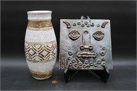 Studio Art Pottery Tribal Vase & Artisan Face Tile