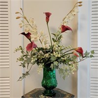 Green 10" Glass Vase w/ Faux Flowers