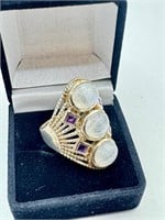 Sterling Moonstone and Amethyst Ring